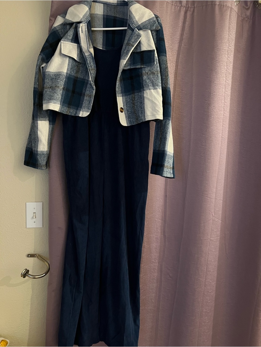 Navy Jumpsuit with Blue & White Plaid Cropped Jacket